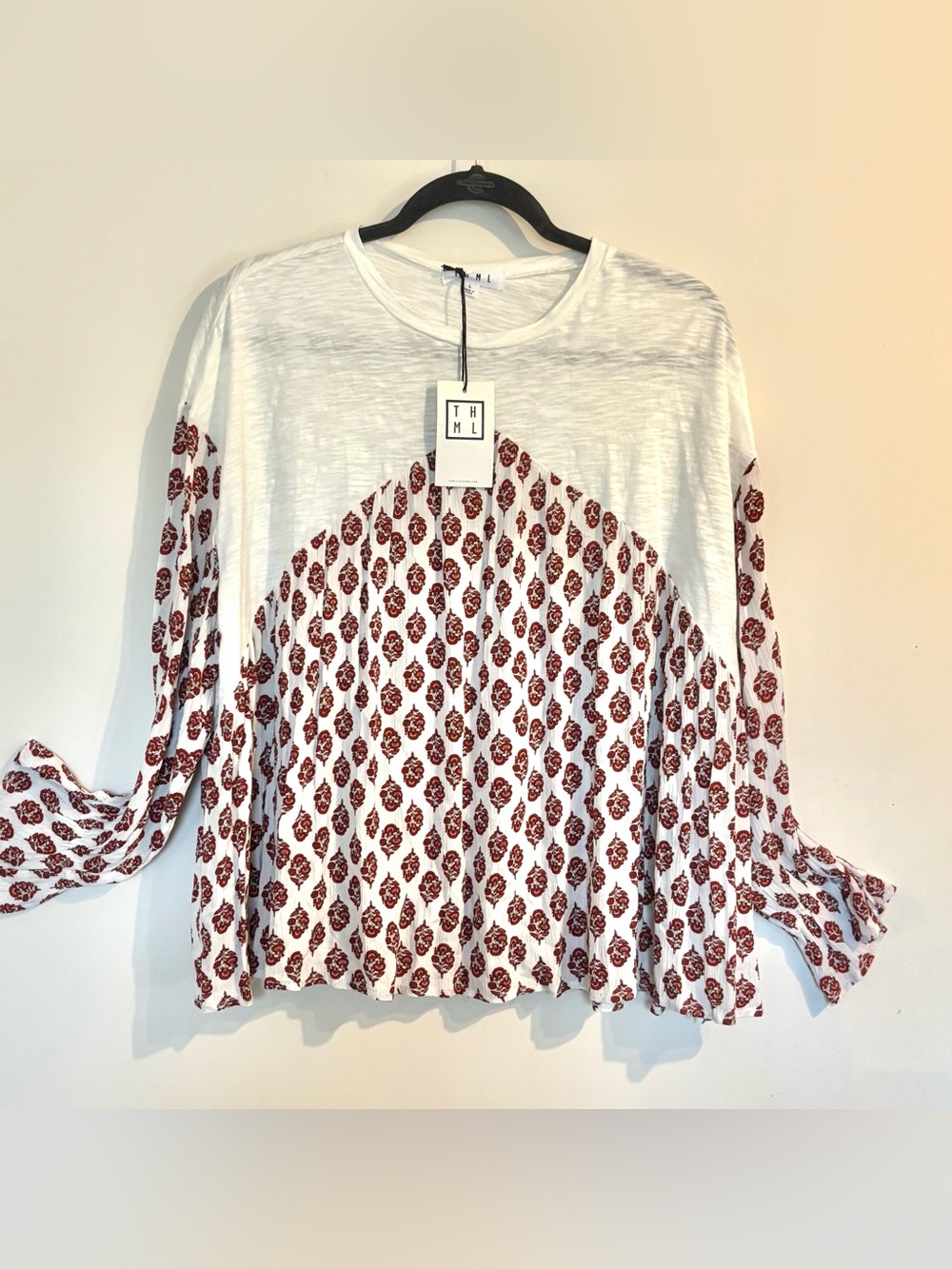 HTML Long Sleeve Boho Pleated Flutter Sleeve Mixed Media Top Blouse NWT